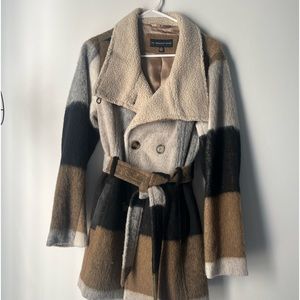 Wool blend plaid double breasted belted coat, medium